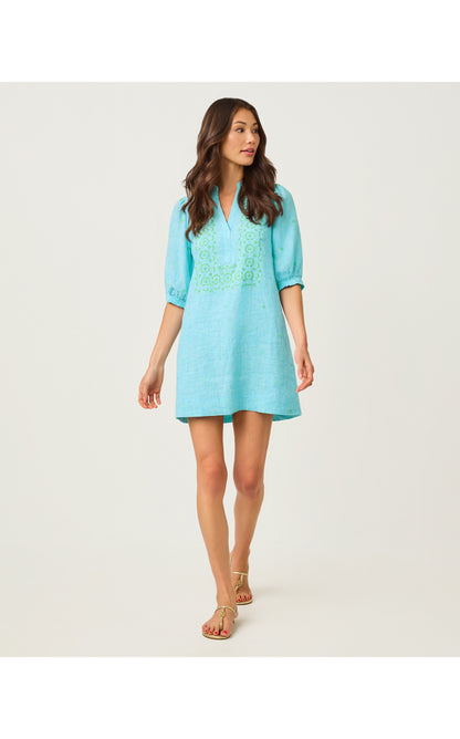 Mialeigh Elbow Sleeve Linen Dress - Capri Blue X Resort White