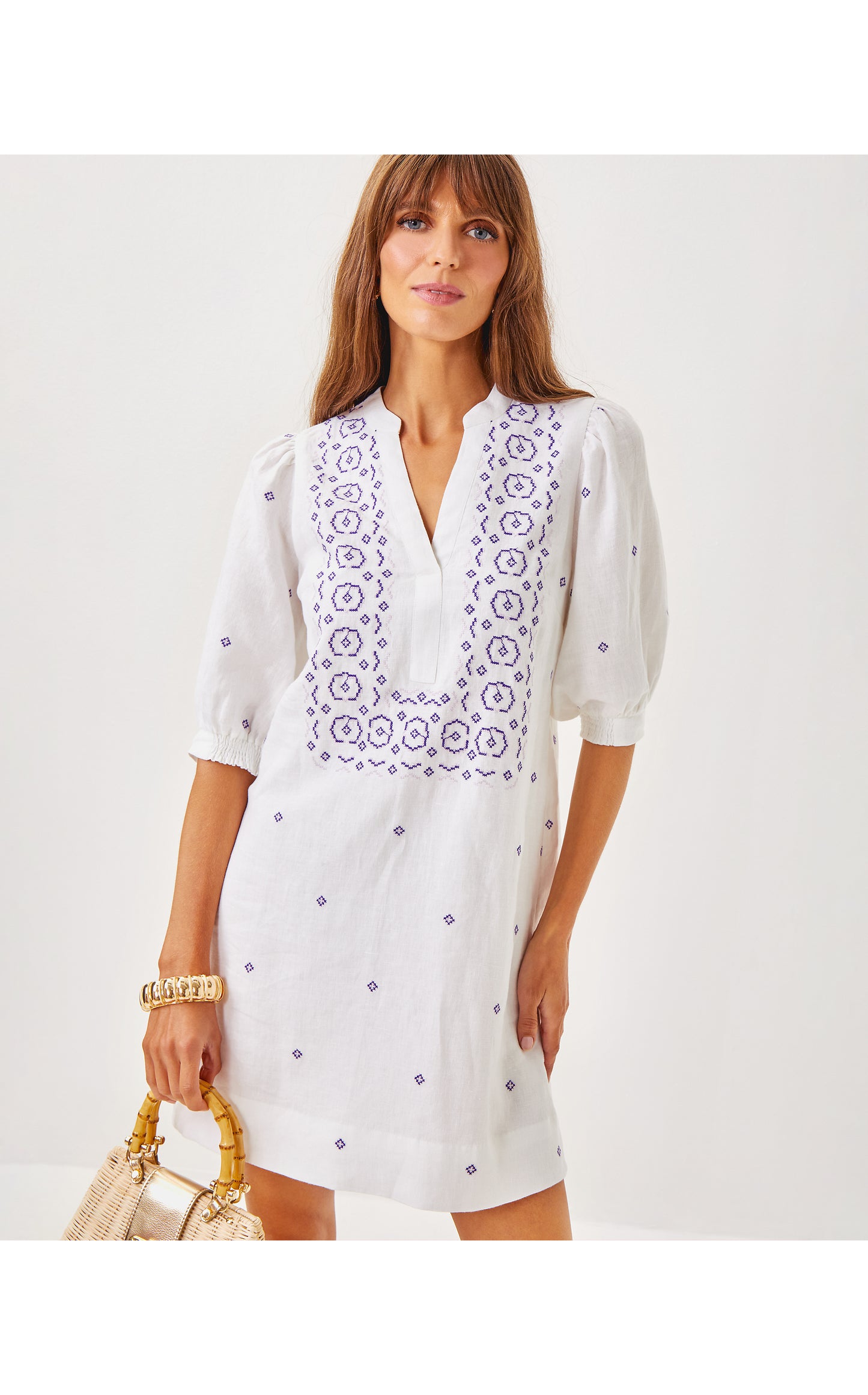 Mialeigh Elbow Sleeve Linen Dress - Water Hyacinth Geo Criss Cross Embroidery