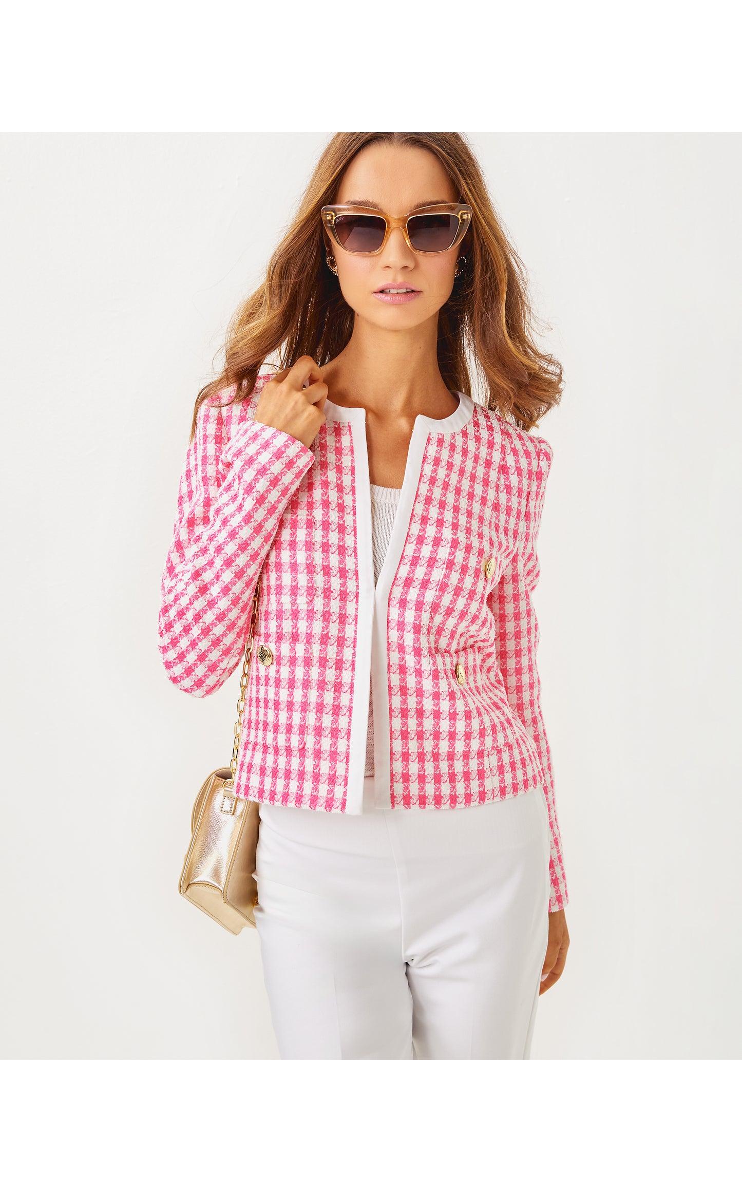 Rohana Boucle Shift Jacket- Rousseau Pink Charming Check Boucle