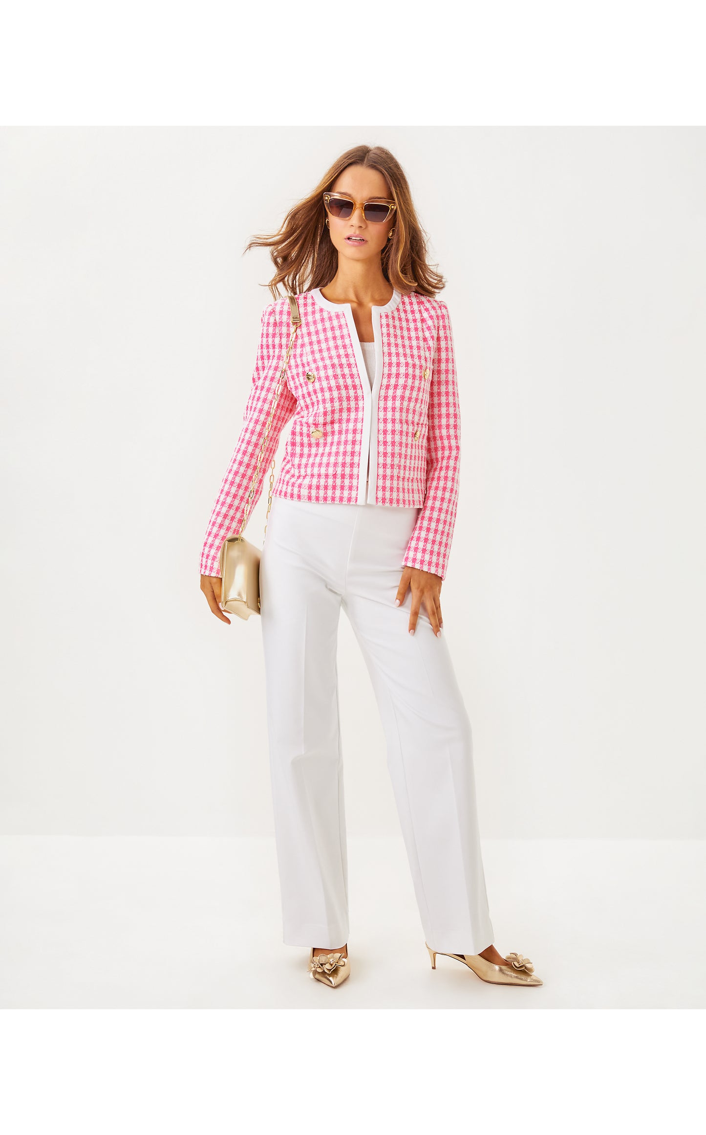 Rohana Boucle Shift Jacket- Rousseau Pink Charming Check Boucle