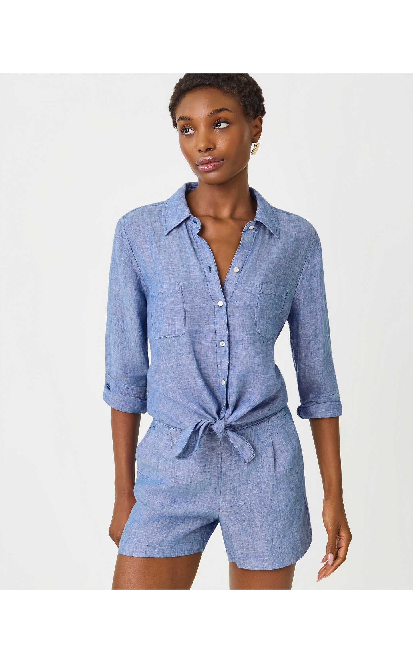 Captina Linen Short - Starlight Navy X Resort White