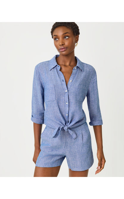 Captina Linen Short - Starlight Navy X Resort White