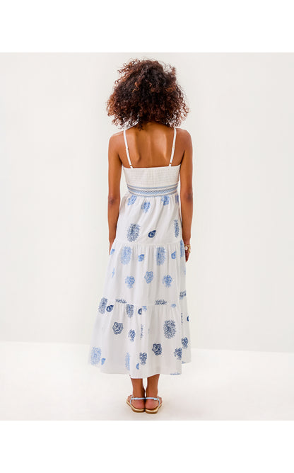 Zanna Embroidered Cotton. Midi Dress - Resort White Castaway Embroidery