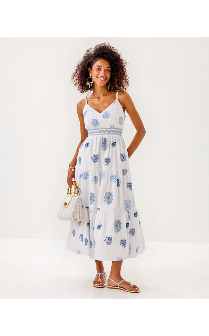 Zanna Embroidered Cotton. Midi Dress - Resort White Castaway Embroidery