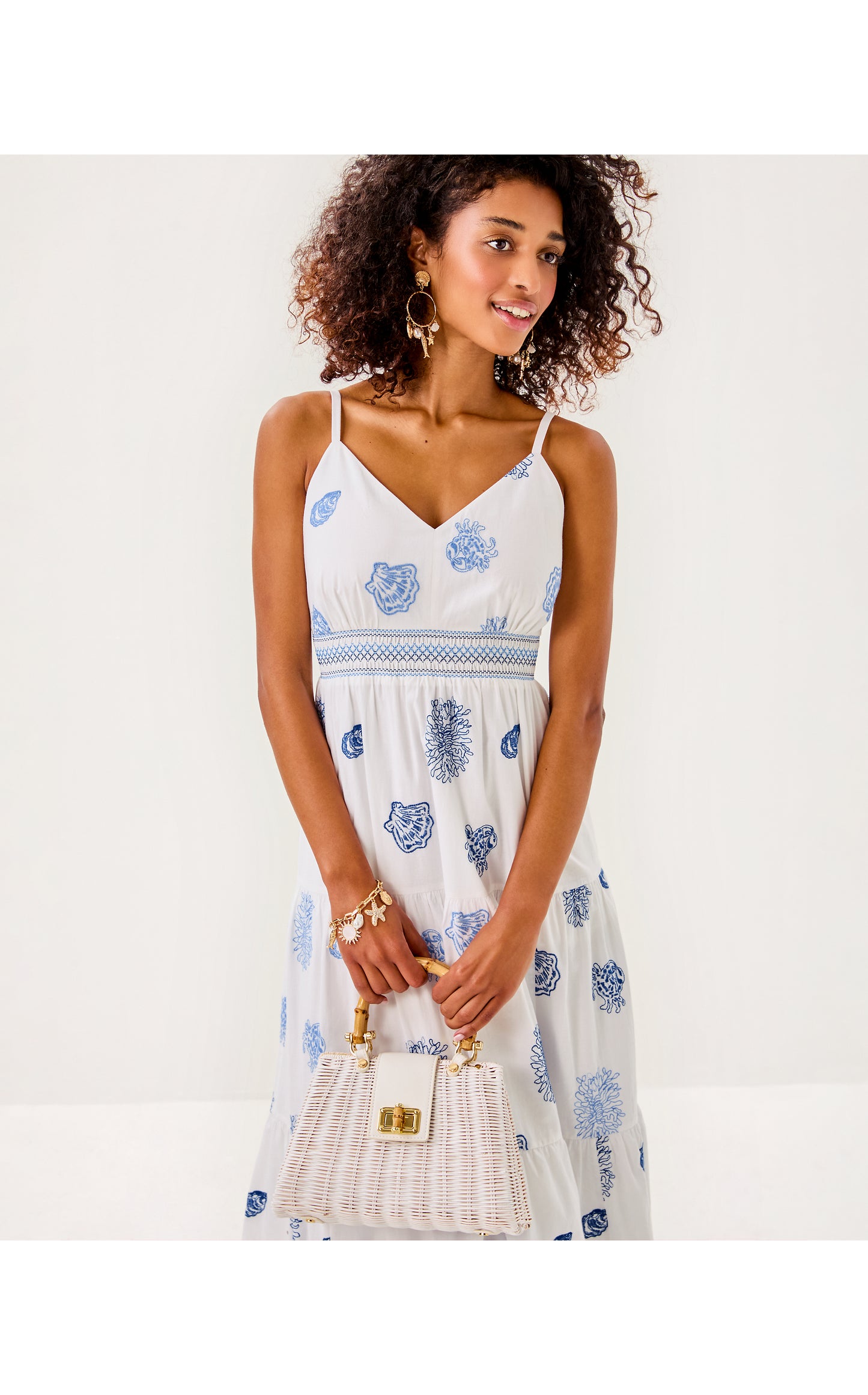 Zanna Embroidered Cotton. Midi Dress - Resort White Castaway Embroidery