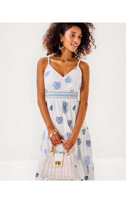 Zanna Embroidered Cotton. Midi Dress - Resort White Castaway Embroidery