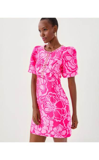 Britnee Beaded Jacquard Shift Dress - Parigi Pink Go Big Satin Jacquard