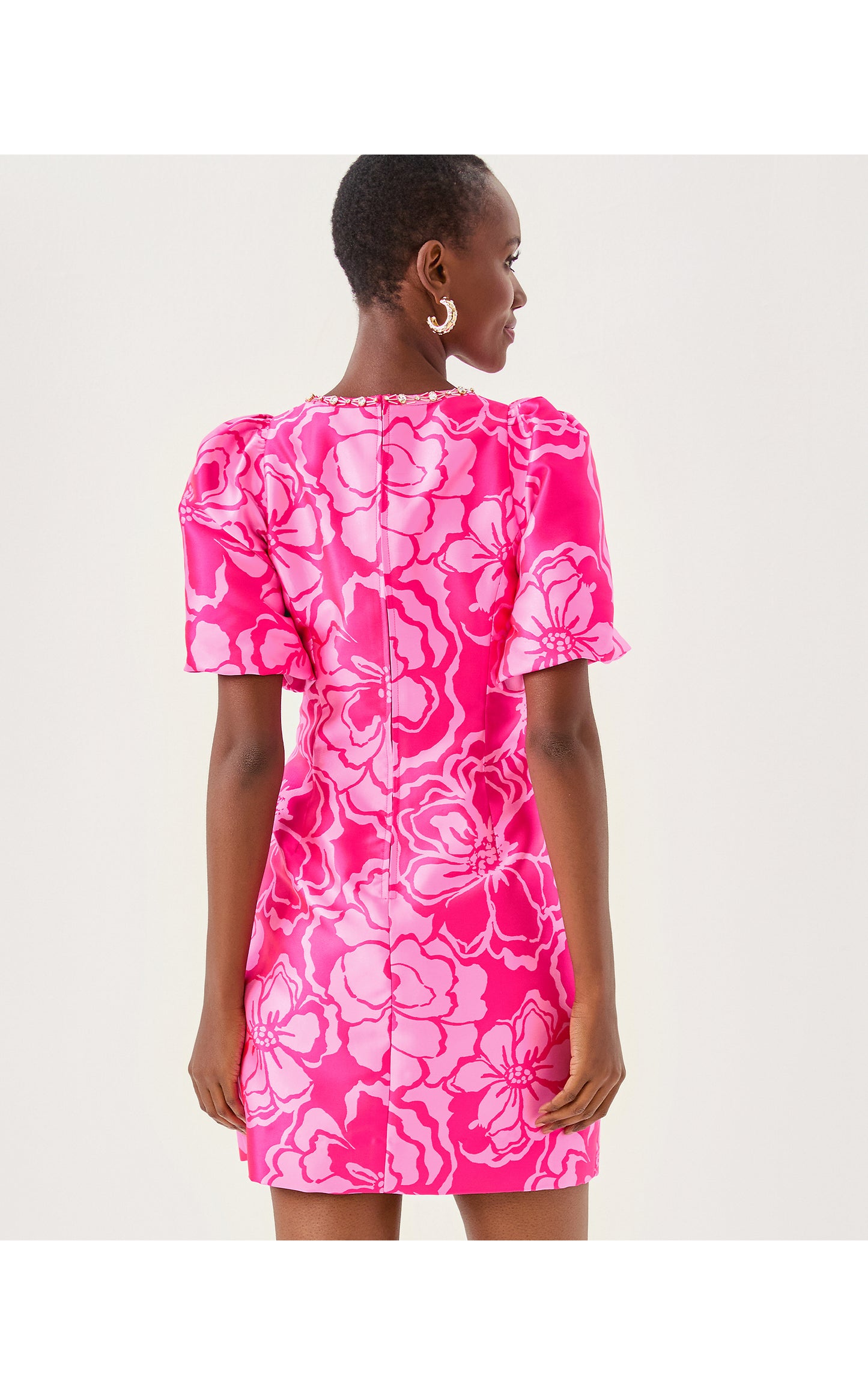 Britnee Beaded Jacquard Shift Dress - Parigi Pink Go Big Satin Jacquard