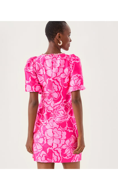 Britnee Beaded Jacquard Shift Dress - Parigi Pink Go Big Satin Jacquard