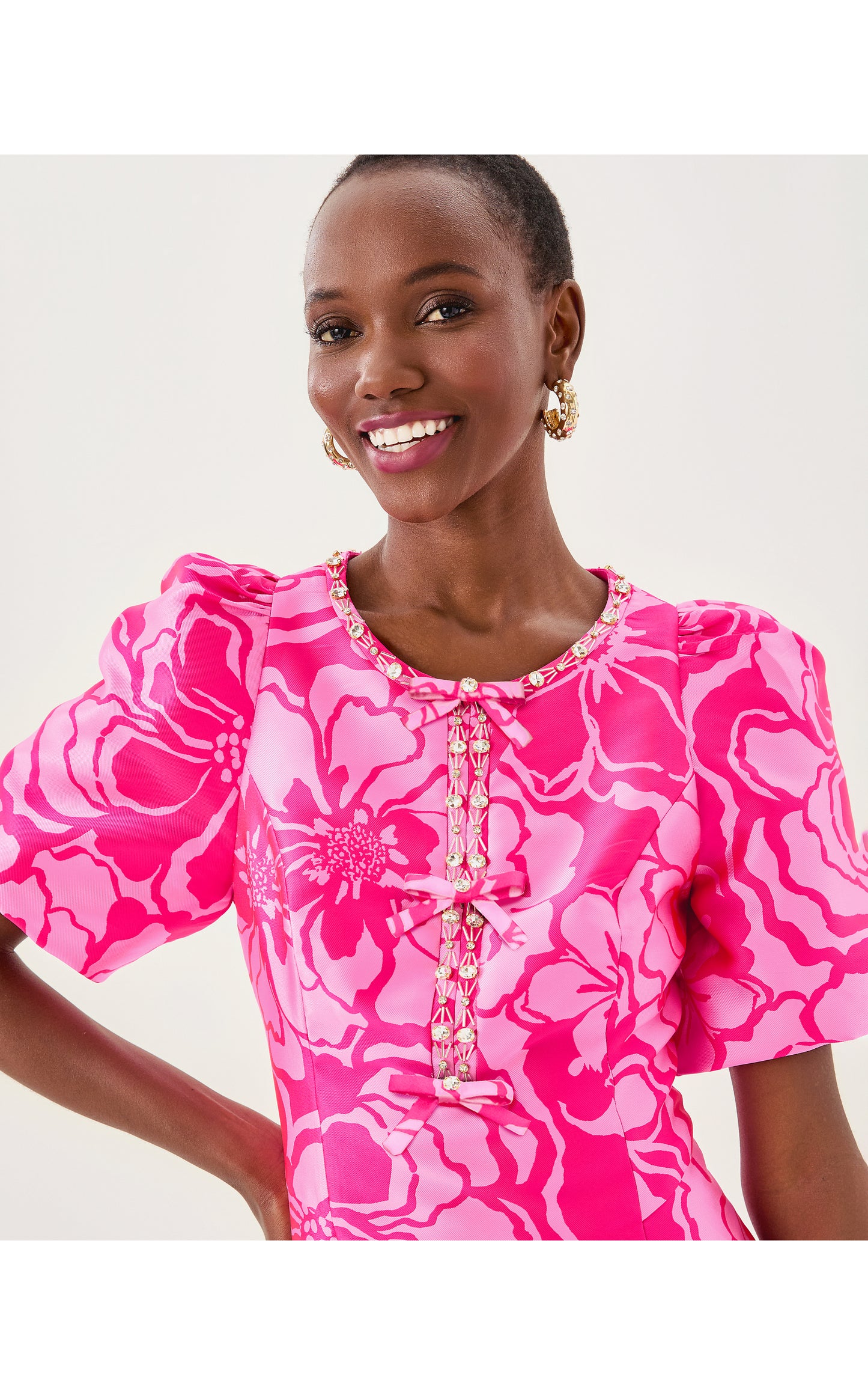 Britnee Beaded Jacquard Shift Dress - Parigi Pink Go Big Satin Jacquard