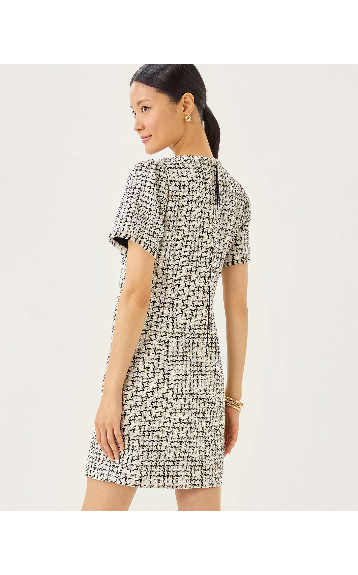 Brenda Boucle Dress - Coconut Lurex Houndstooth Boucle