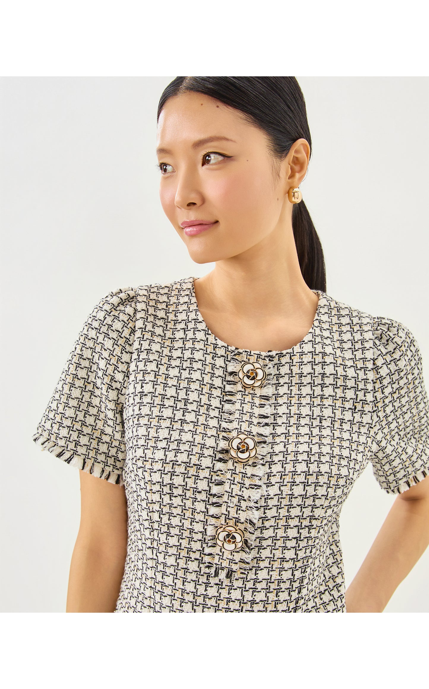 Brenda Boucle Dress - Coconut Lurex Houndstooth Boucle