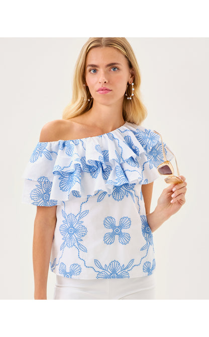 Trixie One Shoulder Ruffle Top - Al Fresco Dot Embroidery