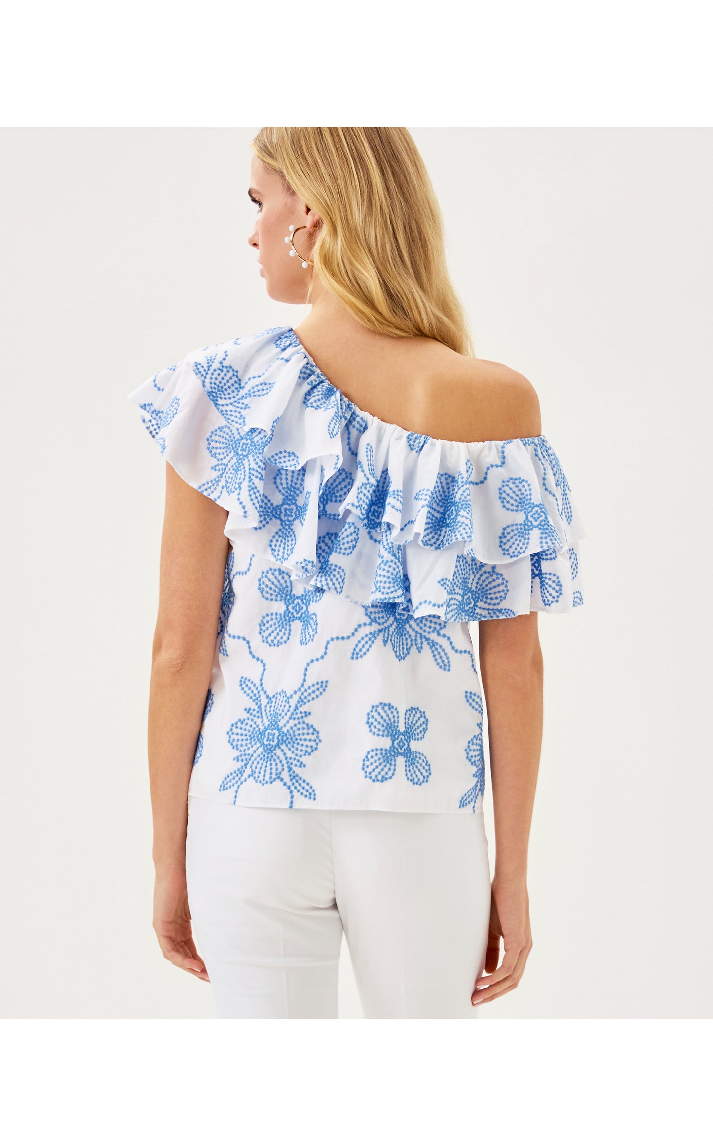 Trixie One Shoulder Ruffle Top - Al Fresco Dot Embroidery