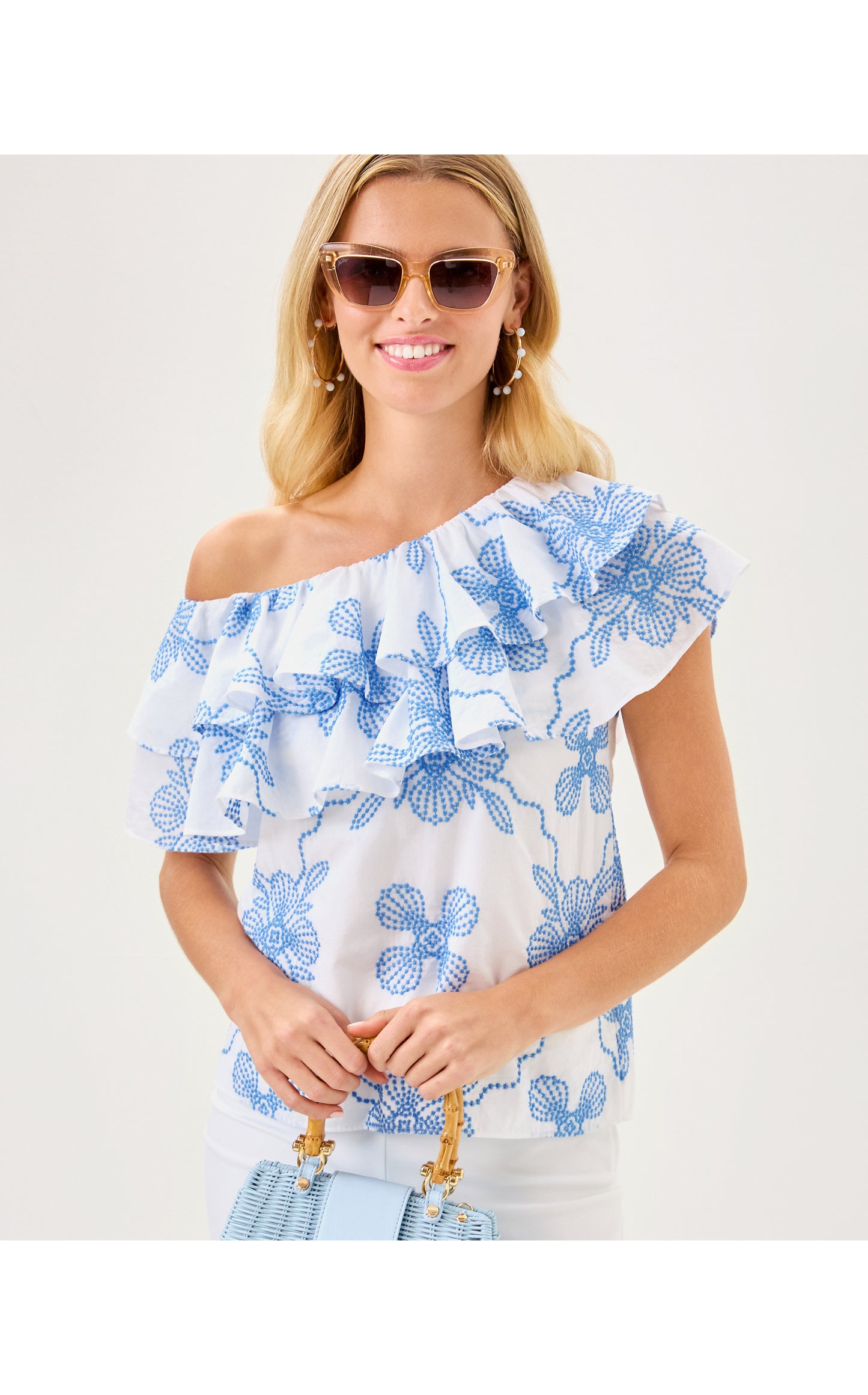 Trixie One Shoulder Ruffle Top - Al Fresco Dot Embroidery