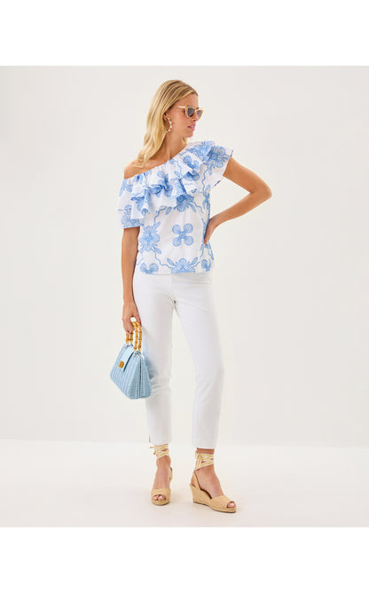 Trixie One Shoulder Ruffle Top - Al Fresco Dot Embroidery
