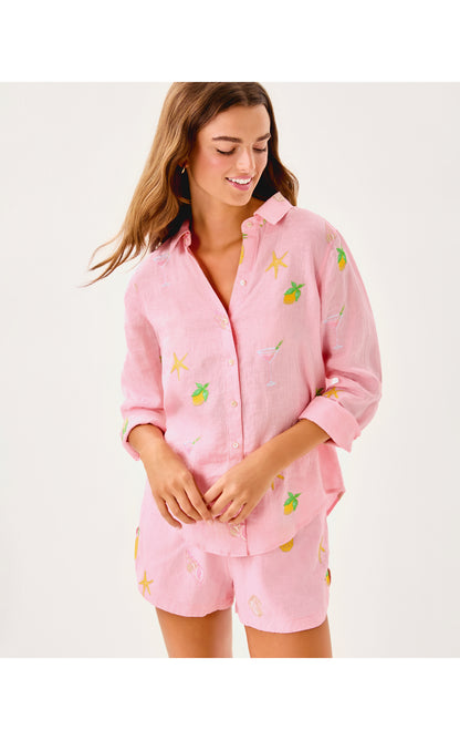 Sea View Button Down - Conch Shell Pink Happy Hour Embroidery