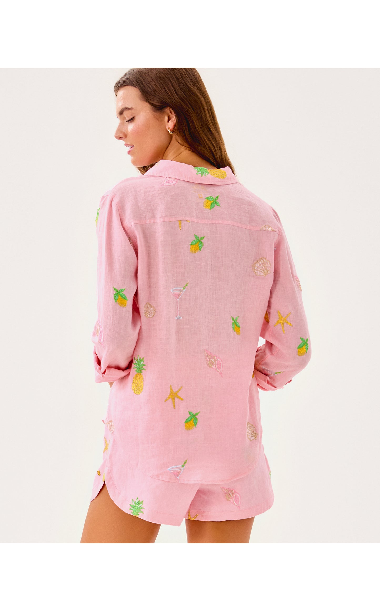 Sea View Button Down - Conch Shell Pink Happy Hour Embroidery