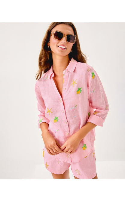 Sea View Button Down - Conch Shell Pink Happy Hour Embroidery
