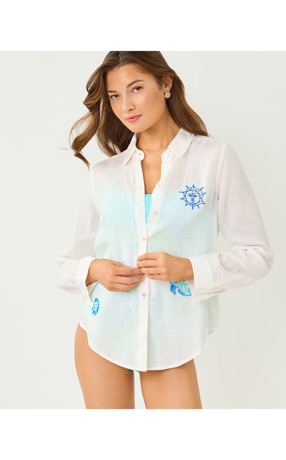 Sea View Button Down - Resort White Throw Me A Line Embroidery