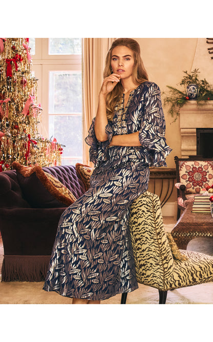 Bellina Silk Maxi Caftan - Low Tide Navy Leafy Babe Metallic Silk Clip