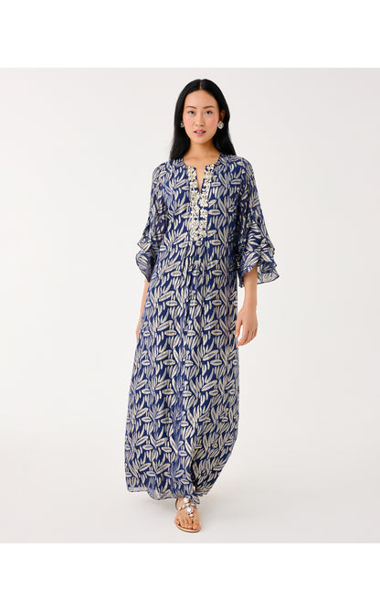 Bellina Silk Maxi Caftan - Low Tide Navy Leafy Babe Metallic Silk Clip
