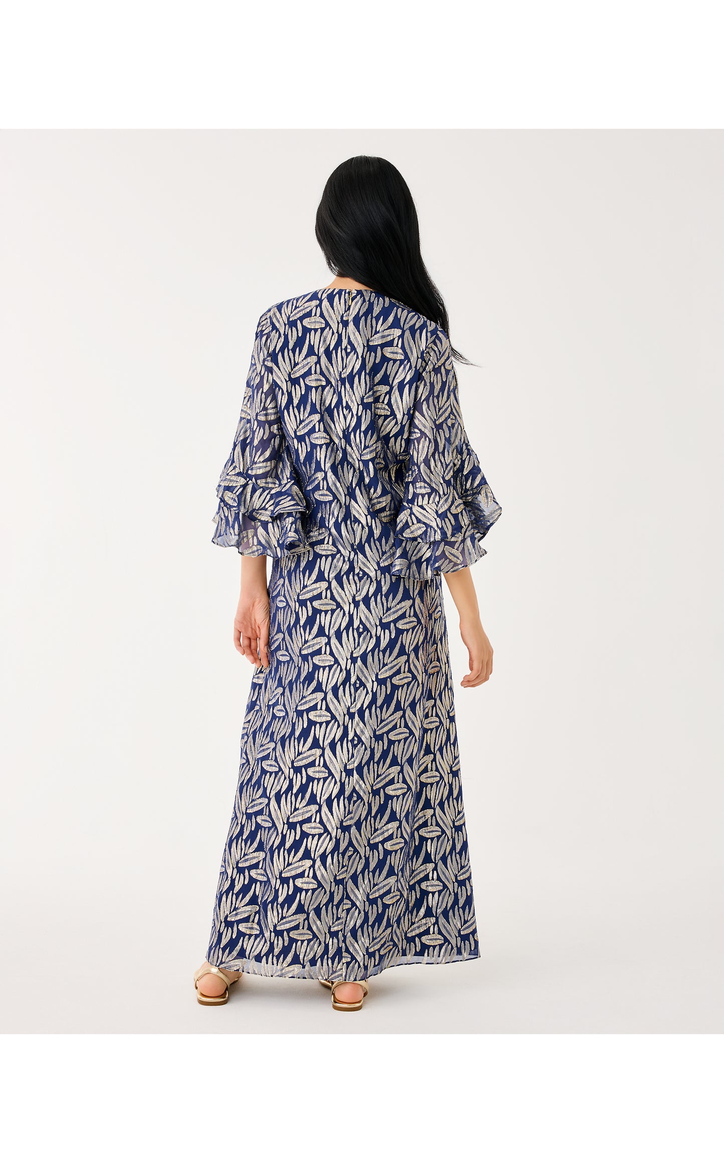 Bellina Silk Maxi Caftan - Low Tide Navy Leafy Babe Metallic Silk Clip