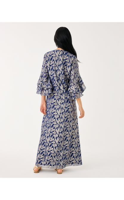 Bellina Silk Maxi Caftan - Low Tide Navy Leafy Babe Metallic Silk Clip