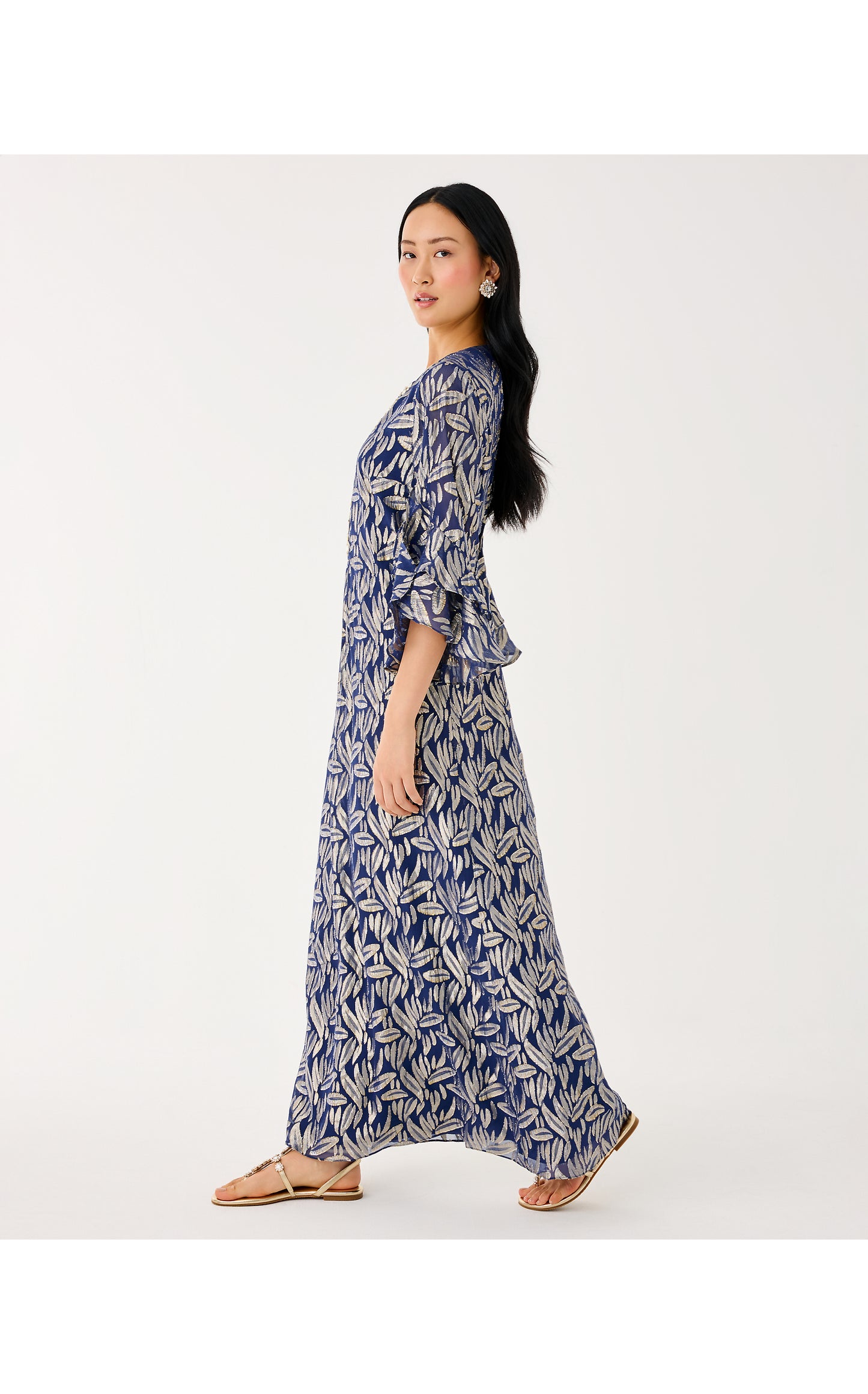 Bellina Silk Maxi Caftan - Low Tide Navy Leafy Babe Metallic Silk Clip