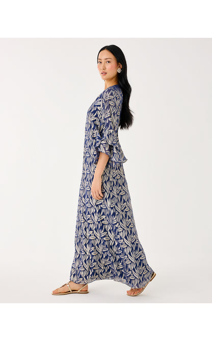 Bellina Silk Maxi Caftan - Low Tide Navy Leafy Babe Metallic Silk Clip