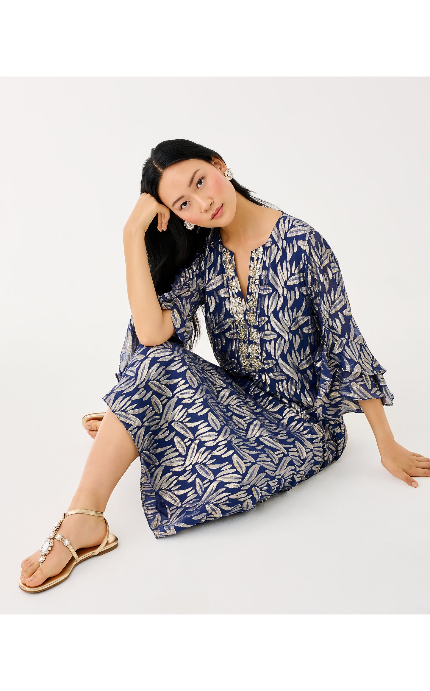 Bellina Silk Maxi Caftan - Low Tide Navy Leafy Babe Metallic Silk Clip