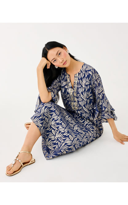 Bellina Silk Maxi Caftan - Low Tide Navy Leafy Babe Metallic Silk Clip