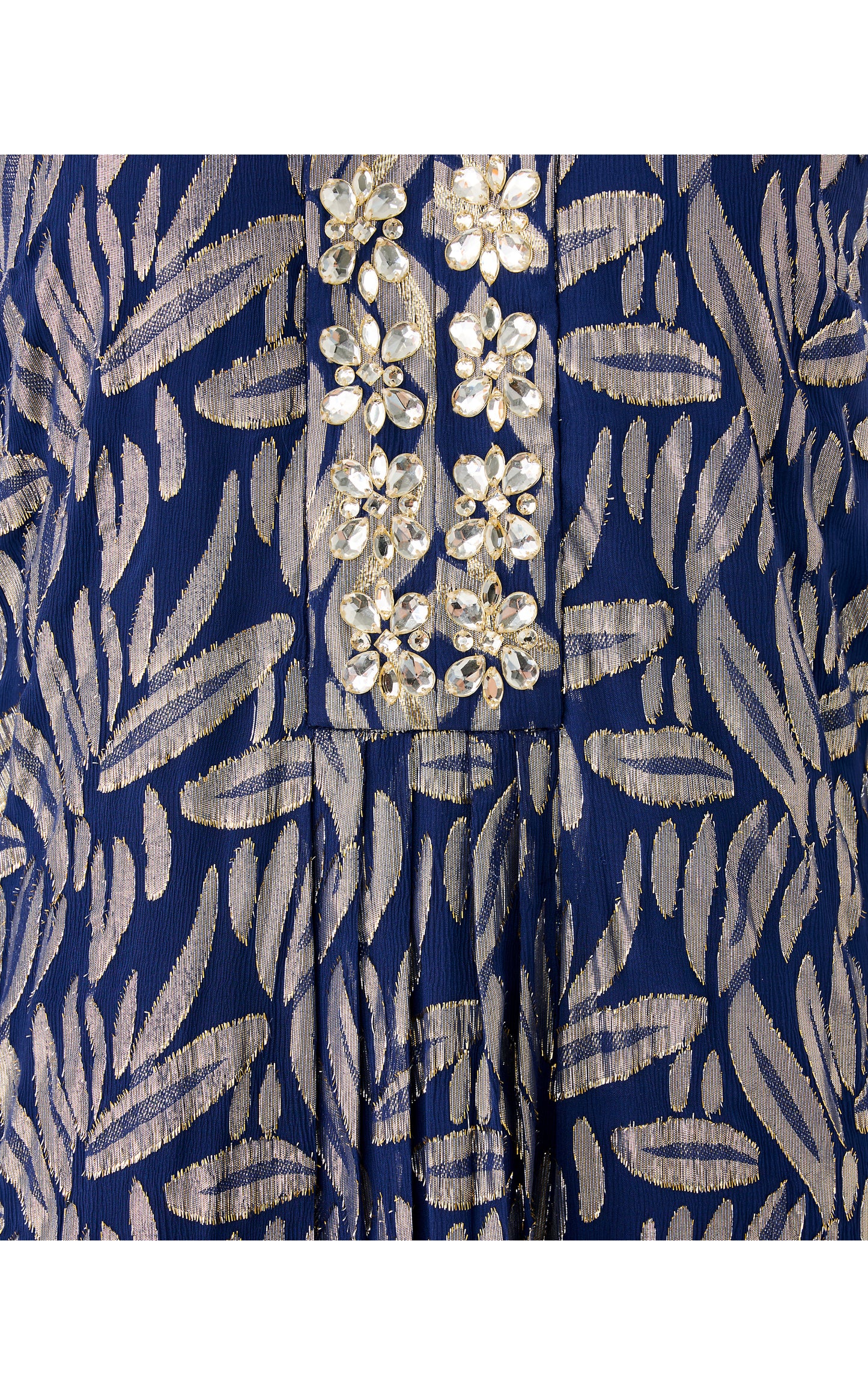 Bellina Silk Maxi Caftan - Low Tide Navy Leafy Babe Metallic Silk Clip