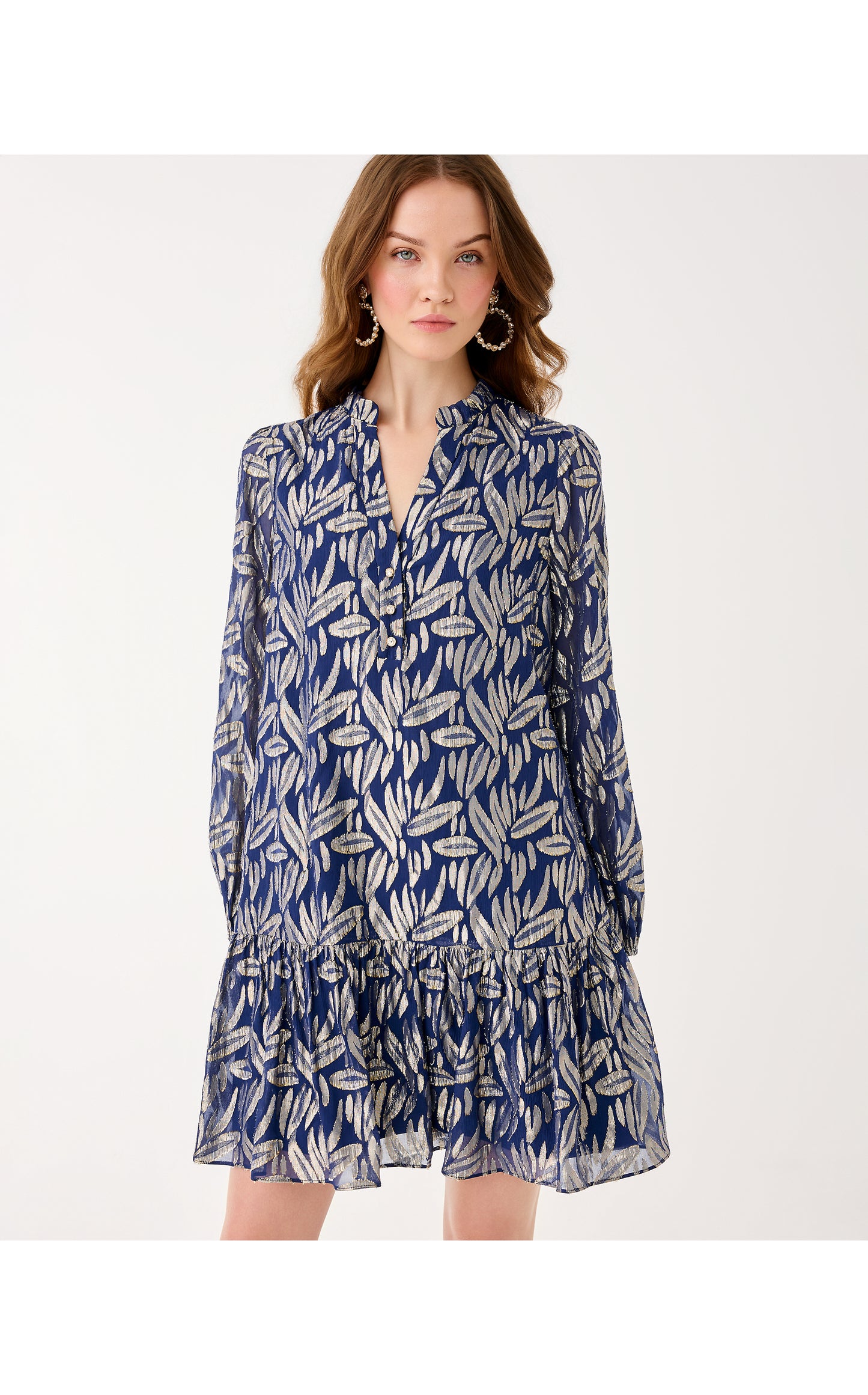 Evaline Silk Dress - Low Tide Navy Leafy Babe Metallic Silk Clip