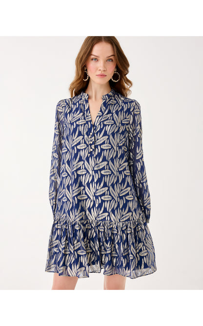 Evaline Silk Dress - Low Tide Navy Leafy Babe Metallic Silk Clip