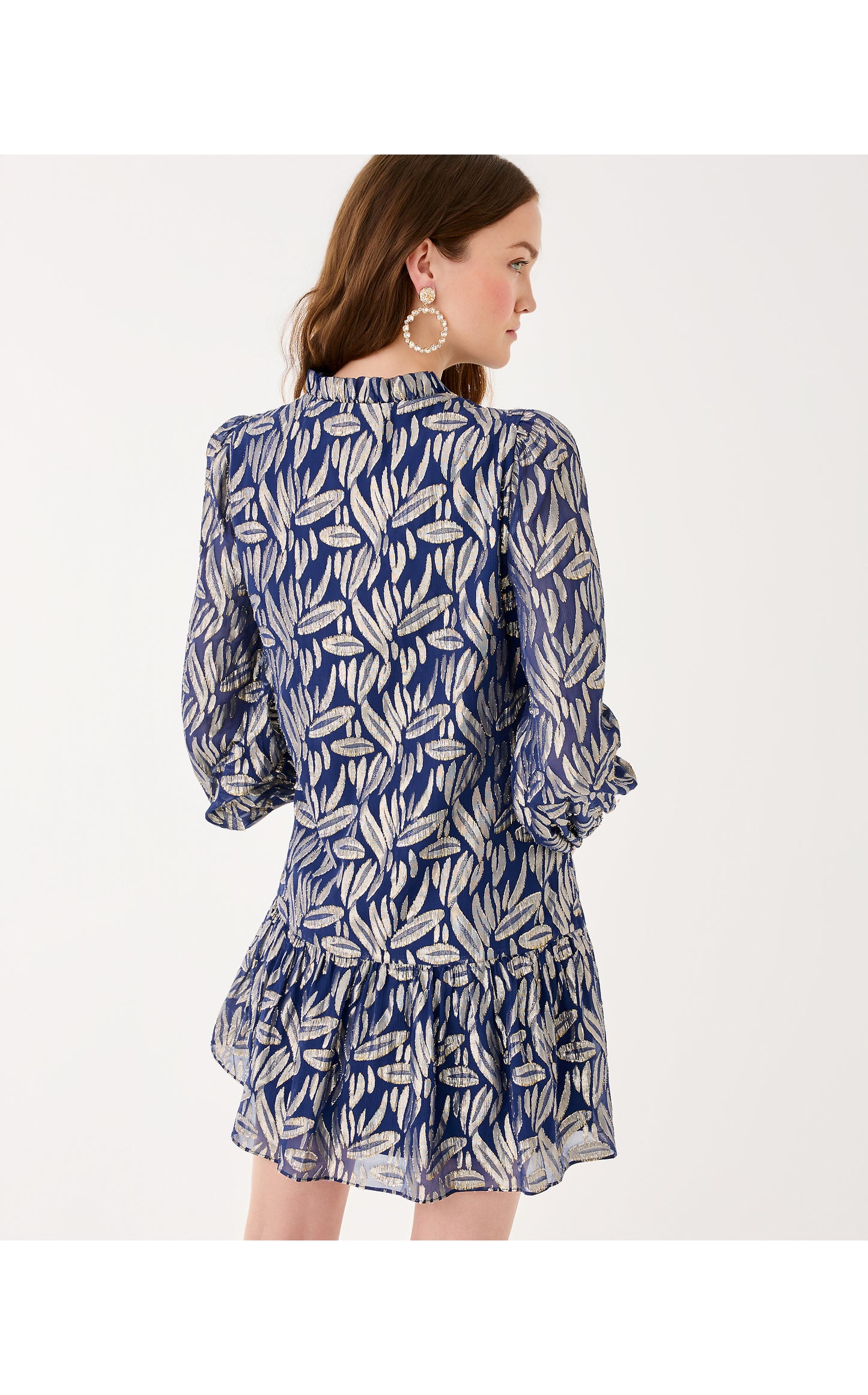 Evaline Silk Dress - Low Tide Navy Leafy Babe Metallic Silk Clip