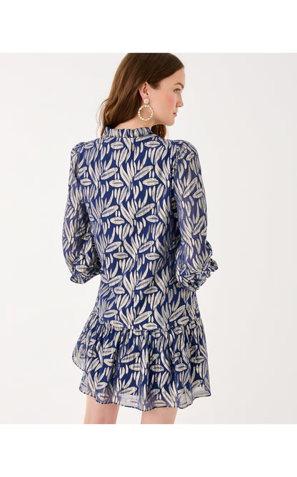 Evaline Silk Dress - Low Tide Navy Leafy Babe Metallic Silk Clip