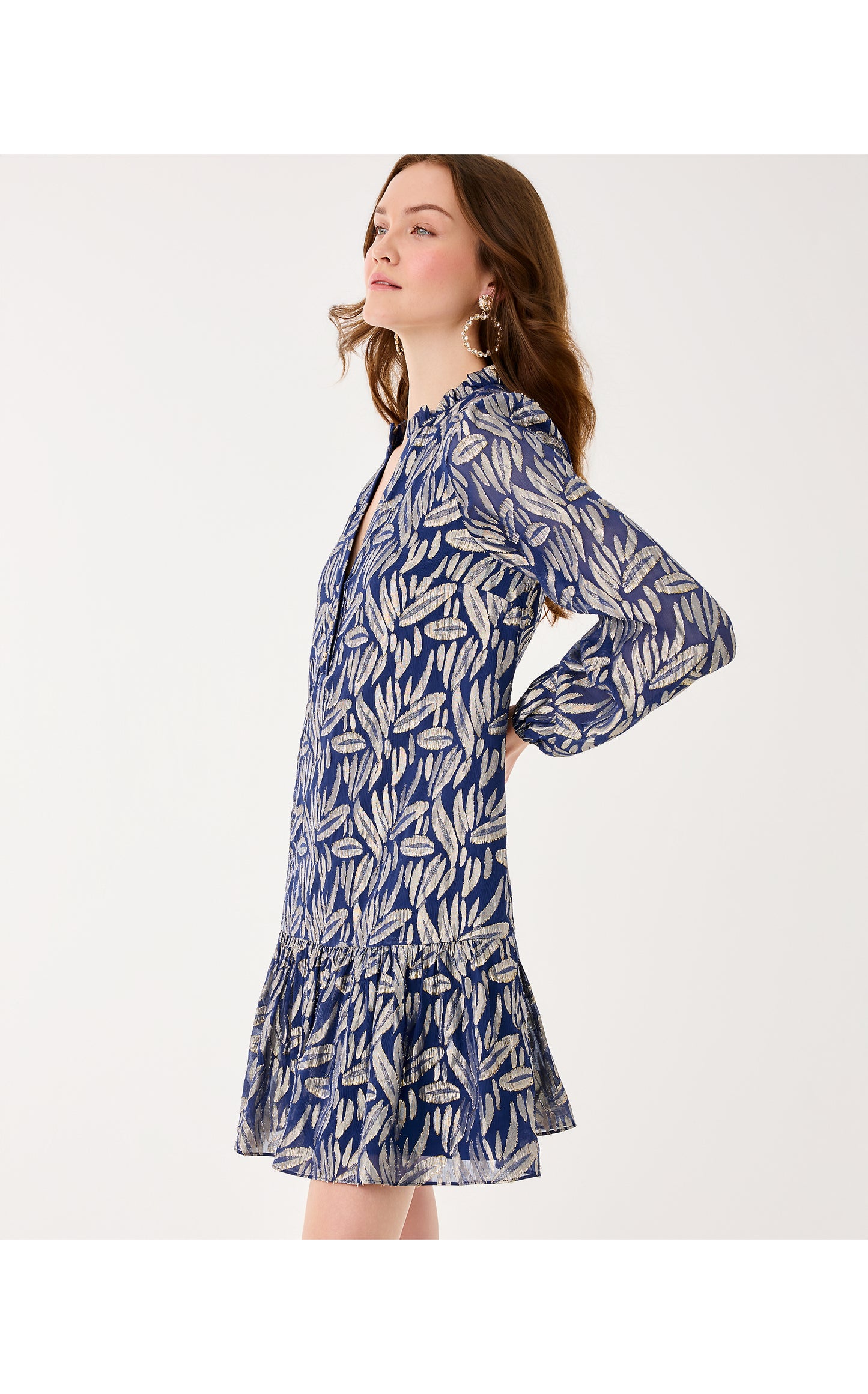 Evaline Silk Dress - Low Tide Navy Leafy Babe Metallic Silk Clip