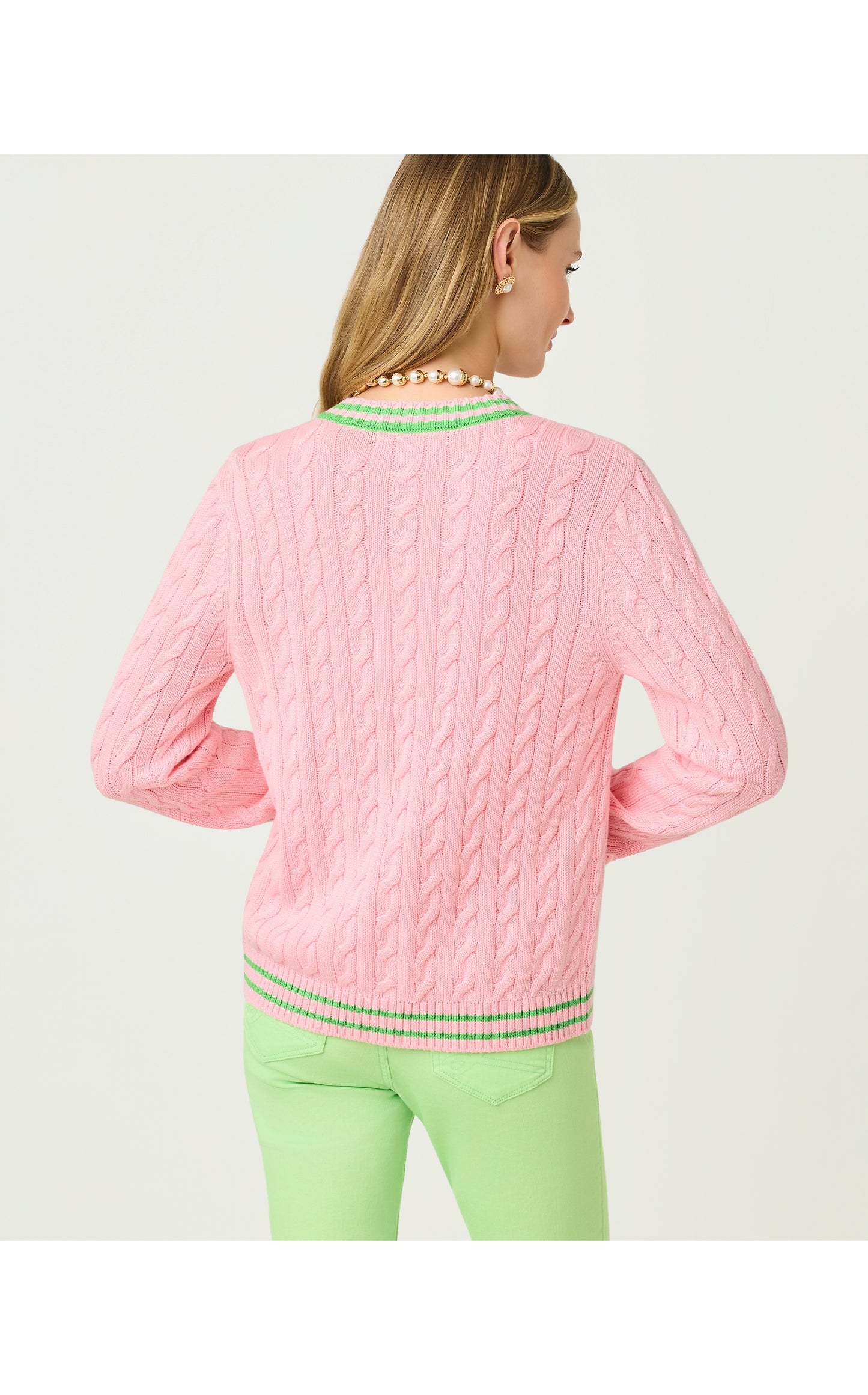 Brockton Crew Neck Cardigan - Conch Shell Pink X Jackfruit Green Tipping