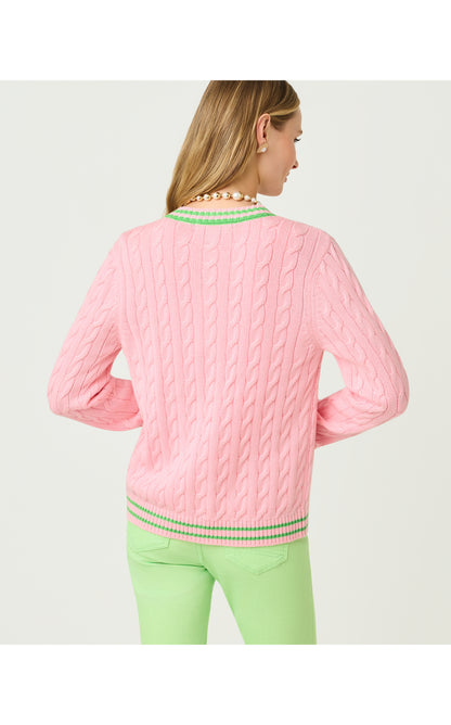Brockton Crew Neck Cardigan - Conch Shell Pink X Jackfruit Green Tipping
