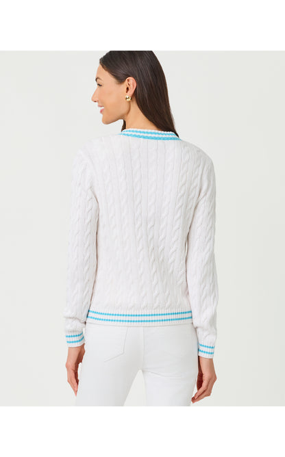 Brockton Crew Neck Cardigan - Resort White X Capri Blue Tipping