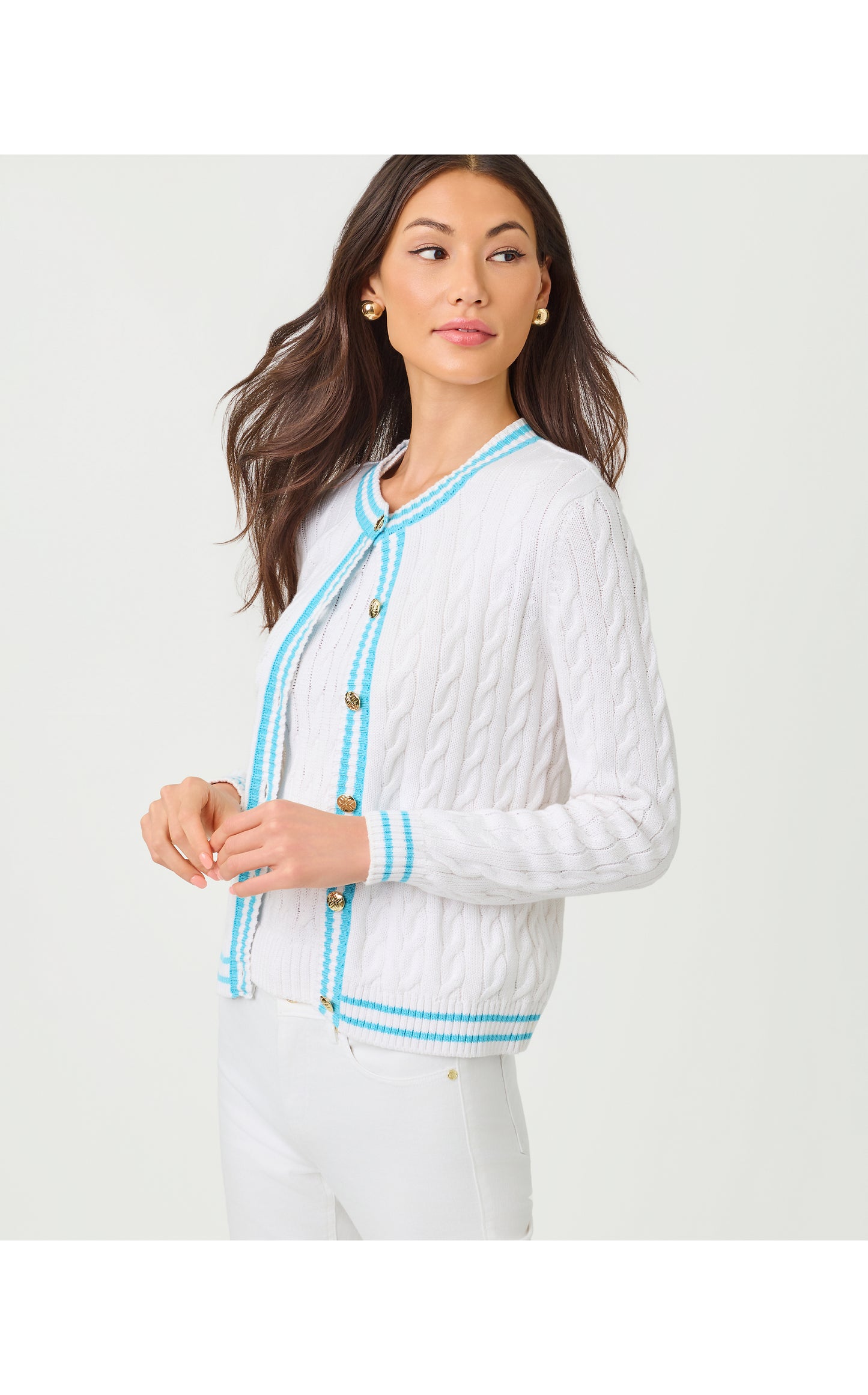 Brockton Crew Neck Cardigan - Resort White X Capri Blue Tipping
