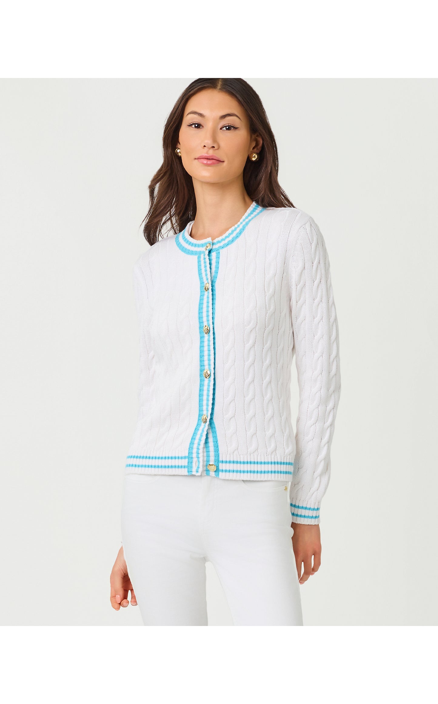 Brockton Crew Neck Cardigan - Resort White X Capri Blue Tipping