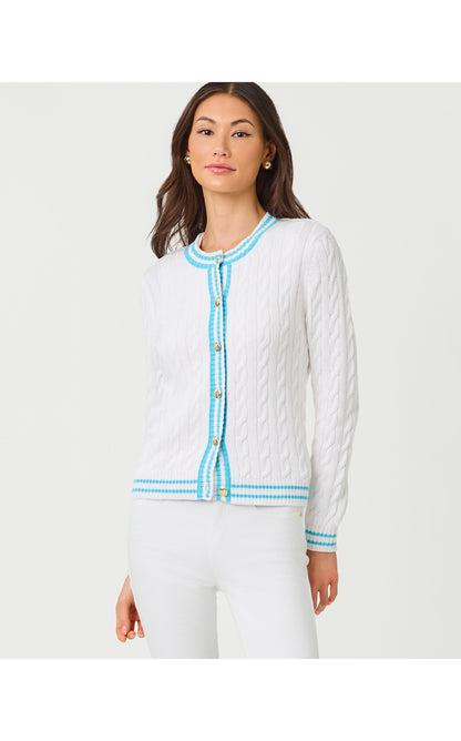 Brockton Crew Neck Cardigan - Resort White X Capri Blue Tipping