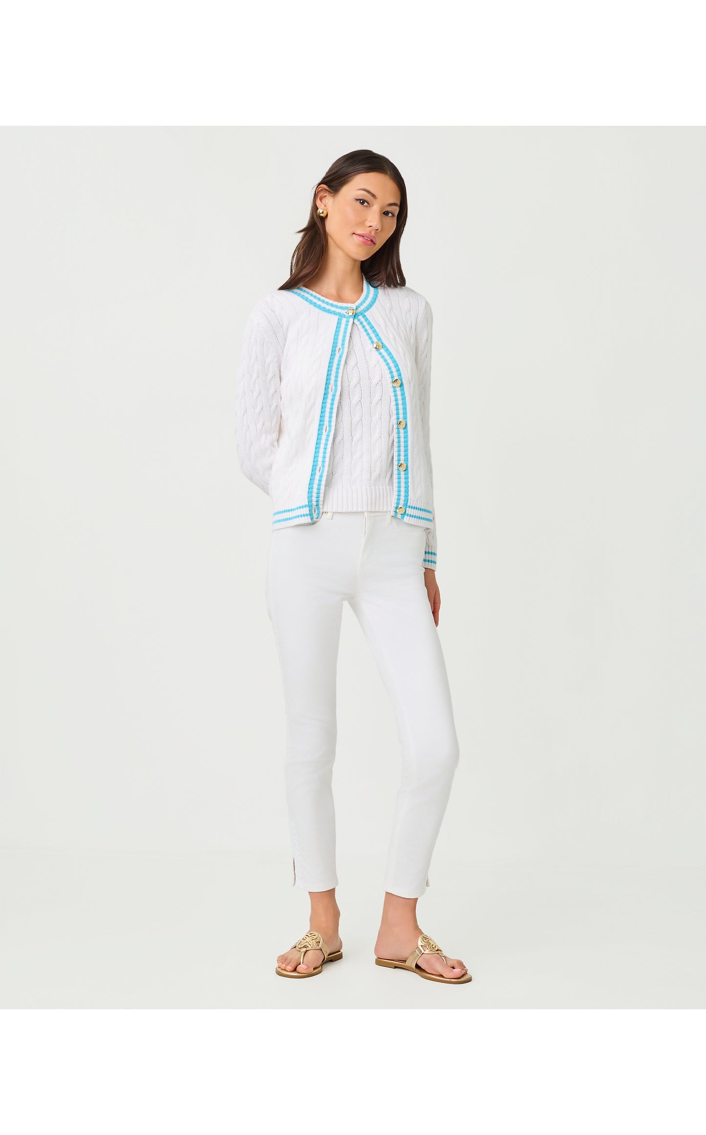 Brockton Crew Neck Cardigan - Resort White X Capri Blue Tipping