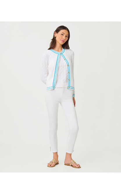 Brockton Crew Neck Cardigan - Resort White X Capri Blue Tipping