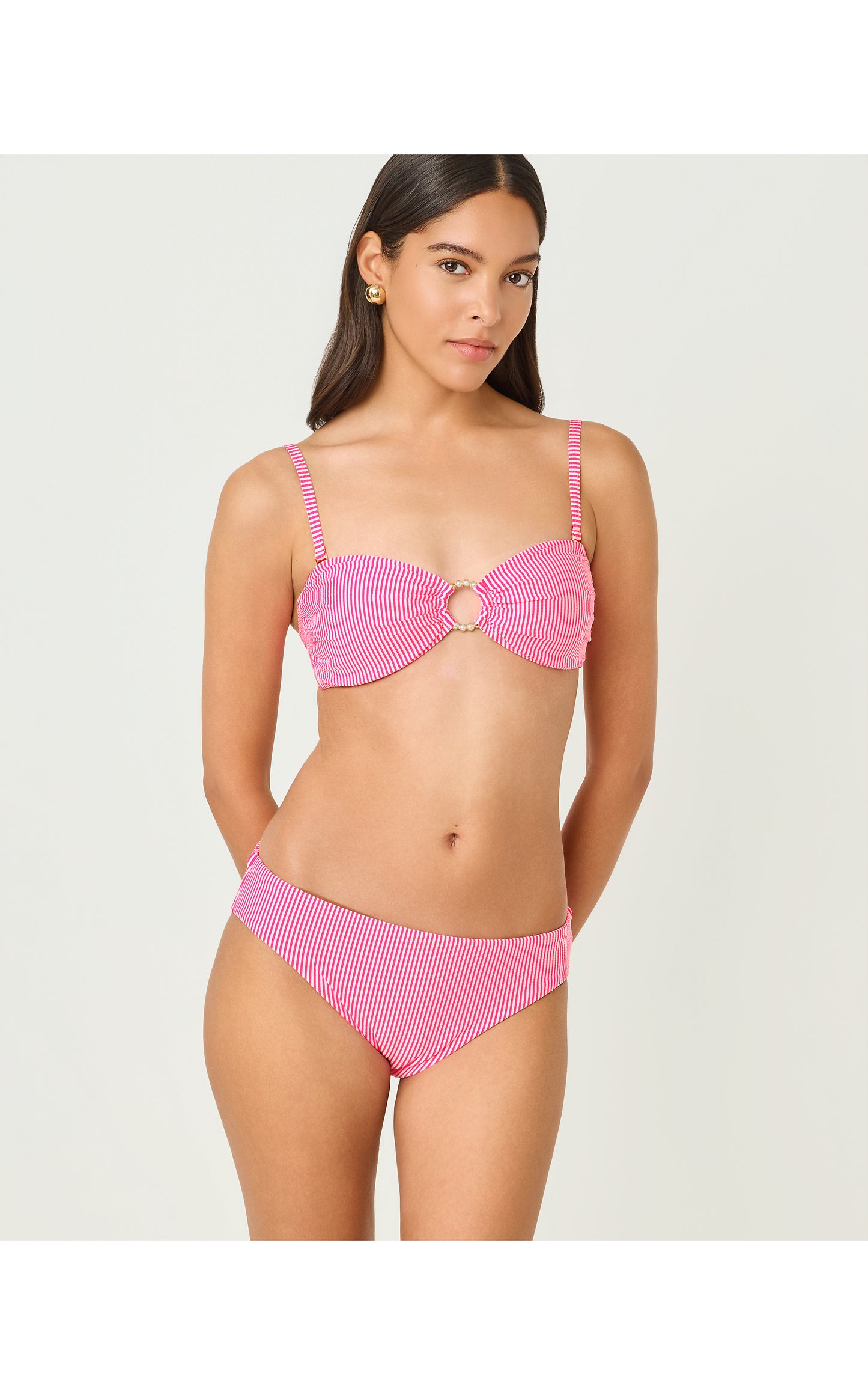 Katara Bandeau Swim Top - Cherry Blossom Pink Seersucker Stripe