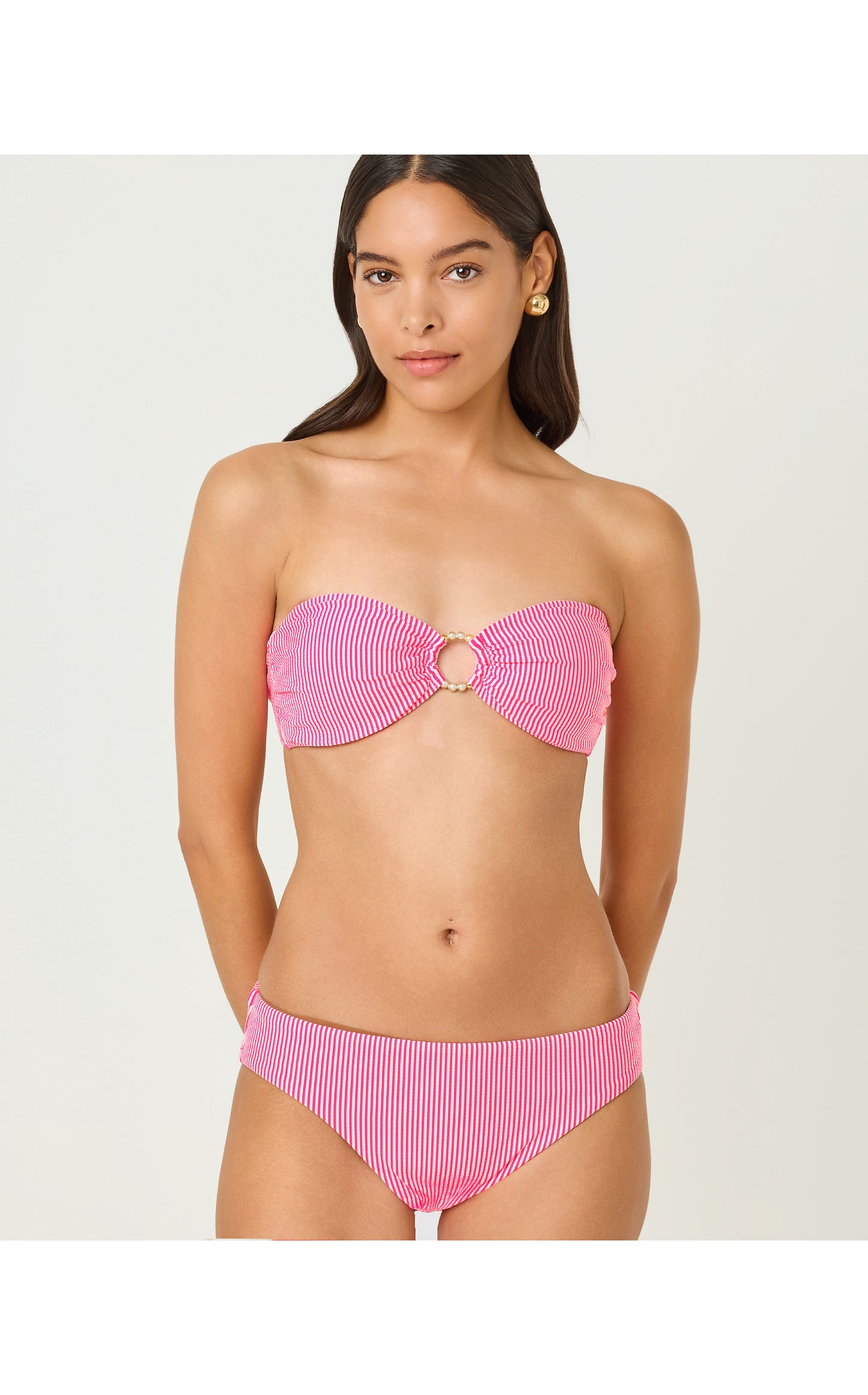 Katara Bandeau Swim Top - Cherry Blossom Pink Seersucker Stripe