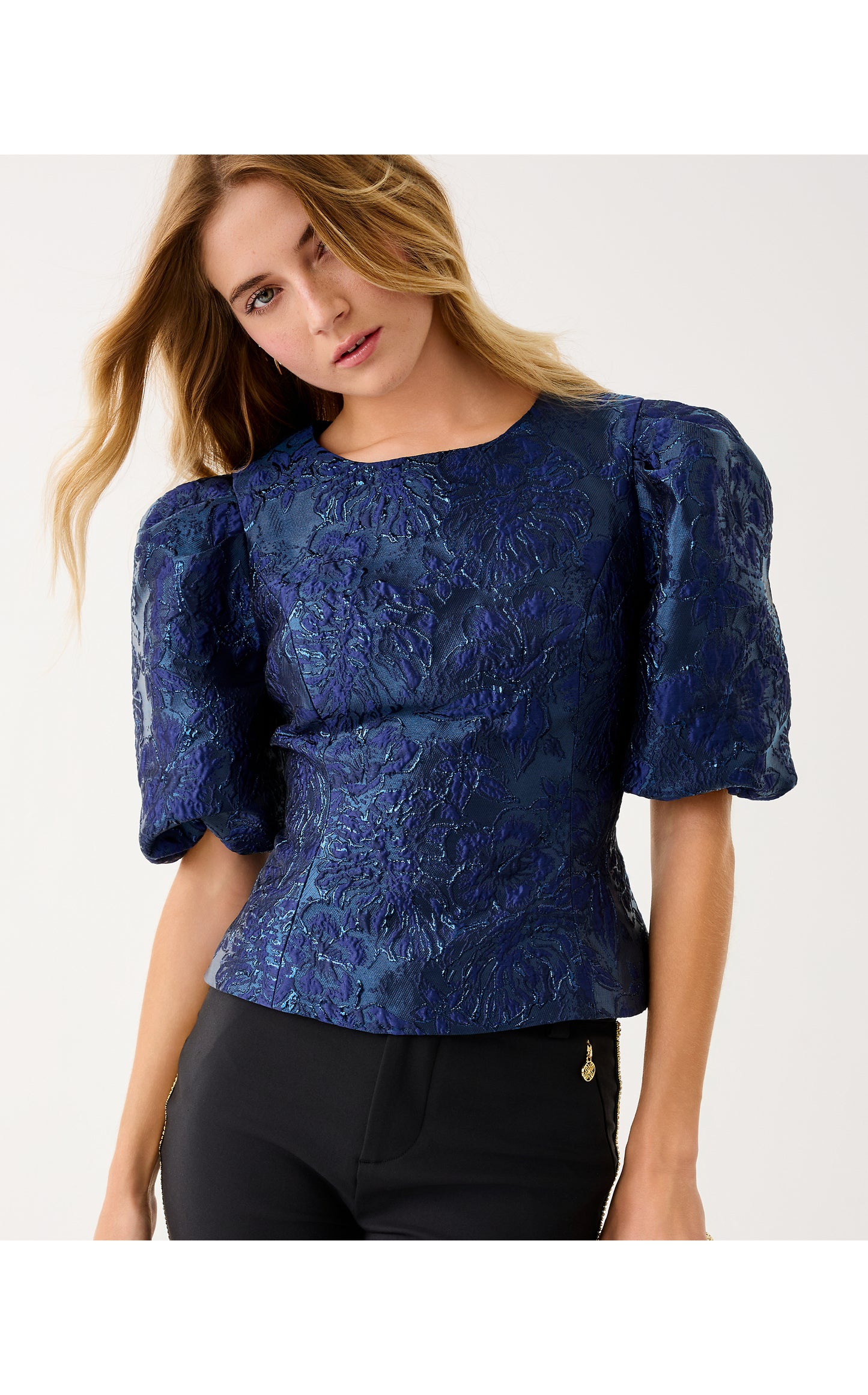 Medora Jacquard Top - Low Tide Navy Nightshade Brocade