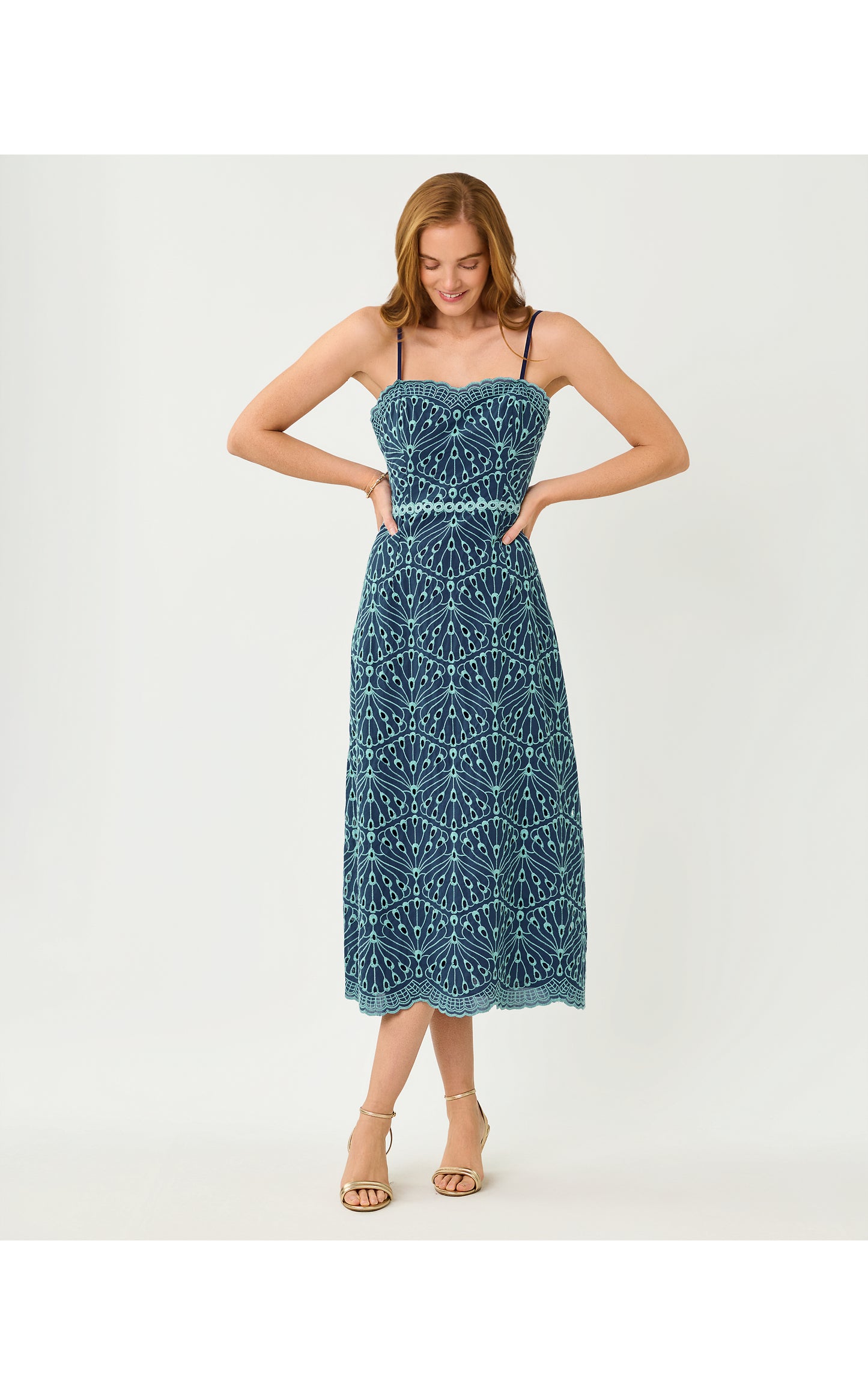 Arlin Midi Dress - Starlight Navy X Capri Blue Queen Scallop Eyelet